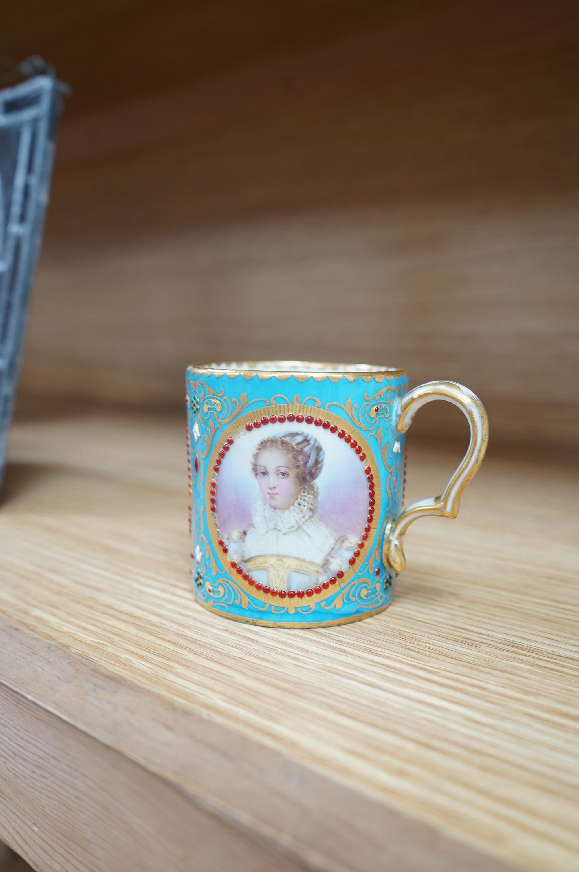 Three Sevres style plates, a Sevres coffee can and saucer and a similar plate, coffee can 7cm high. Condition - good